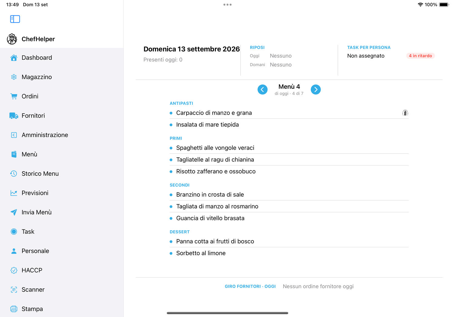 Dashboard di ChefHelper su iPad: riposi, task di oggi, presenti e menù del giorno