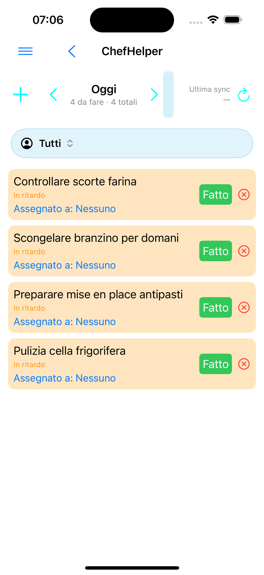 Task del giorno su iPhone, con stato in ritardo e pulsante Fatto