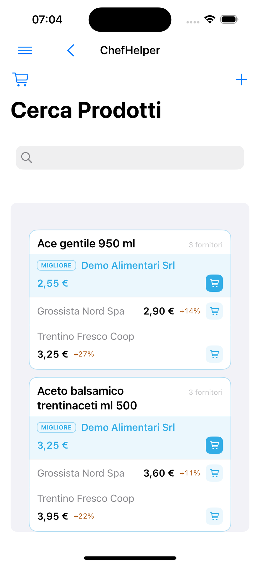 Catalogo prodotti con prezzi per fornitore