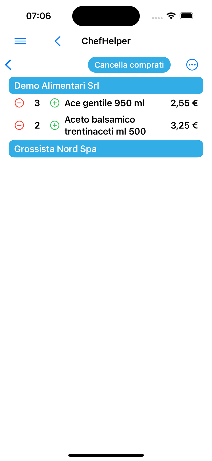 Carrello diviso per fornitore con quantità e prezzo