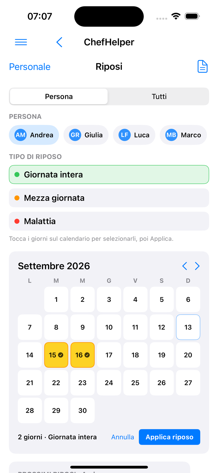 Calendario riposi per persona: giornata intera, mezza giornata, malattia