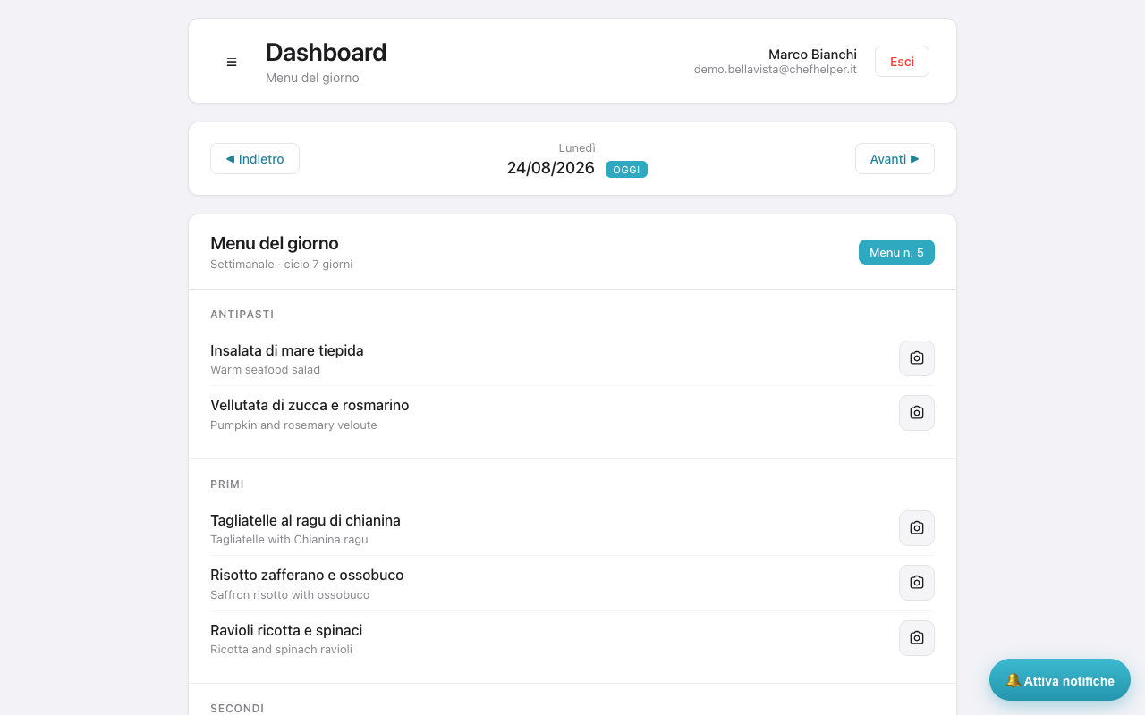Menù del giorno nella web app di ChefHelper, con traduzione inglese di ogni piatto